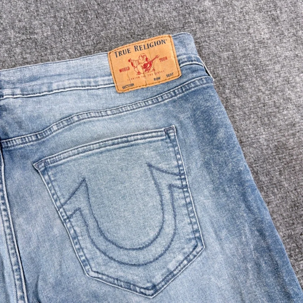 True Religion Geno Relaxed Slim Moto Jeans Mens 42 Light Wash Blue Ribbed Knee
